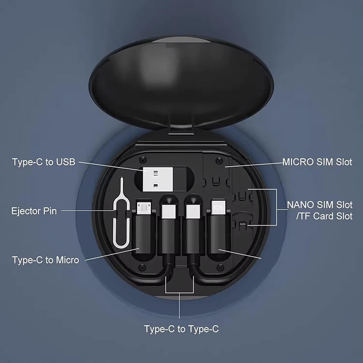 All-in-one 60W charging and data cable with USB-C, Micro-USB, and storage compartment