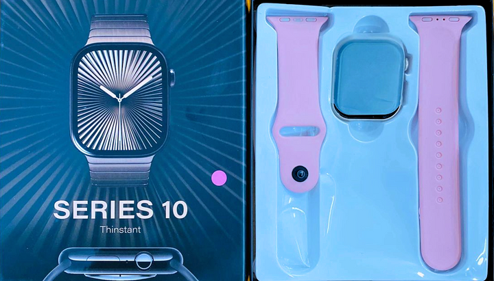 Close-up of pink silicone watch strap with integrated mini camera for Series 10 Smart Watch